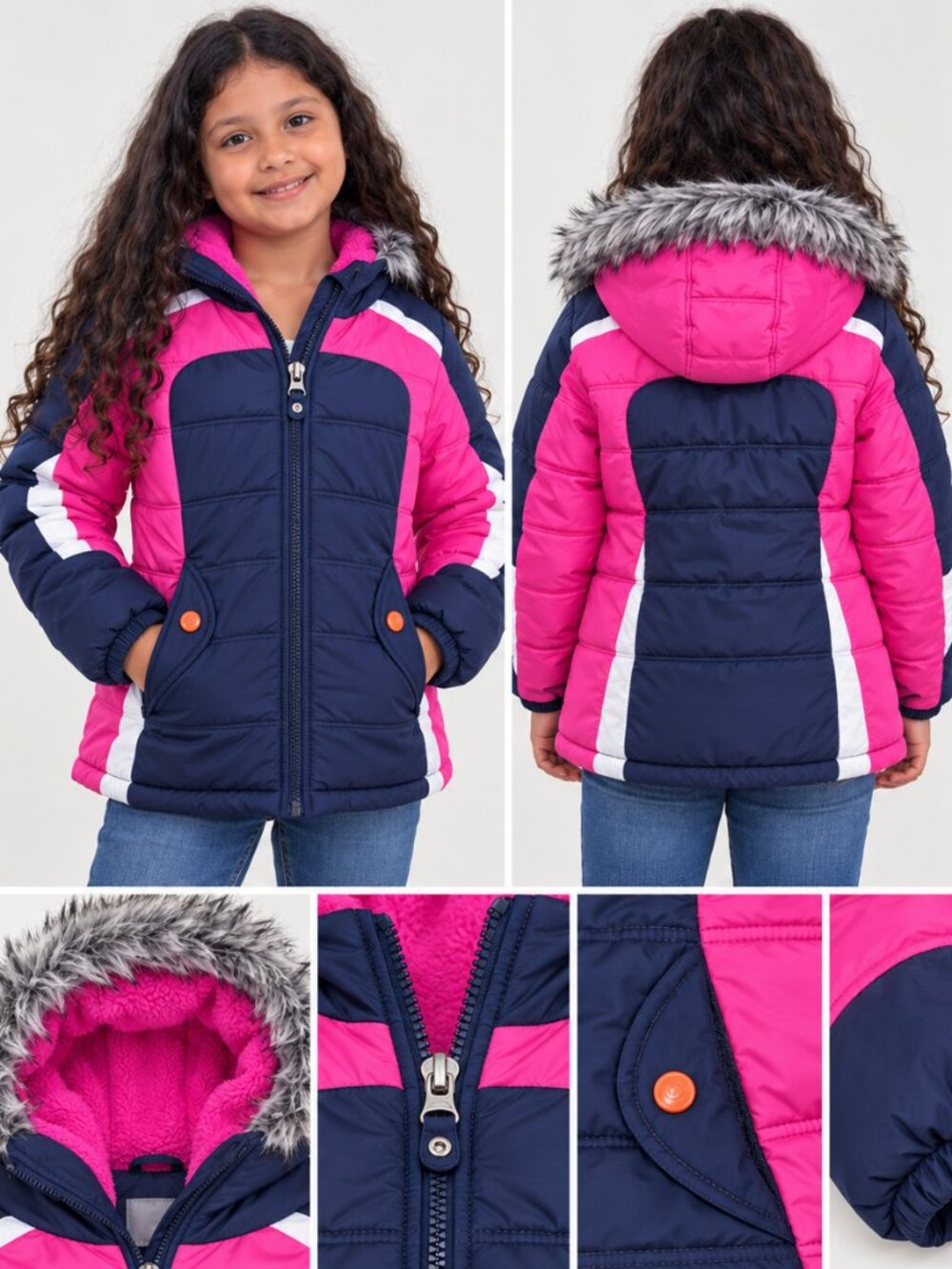 Girls' Navy and Pink Hooded Puffer Coat with Faux-Fur Trim